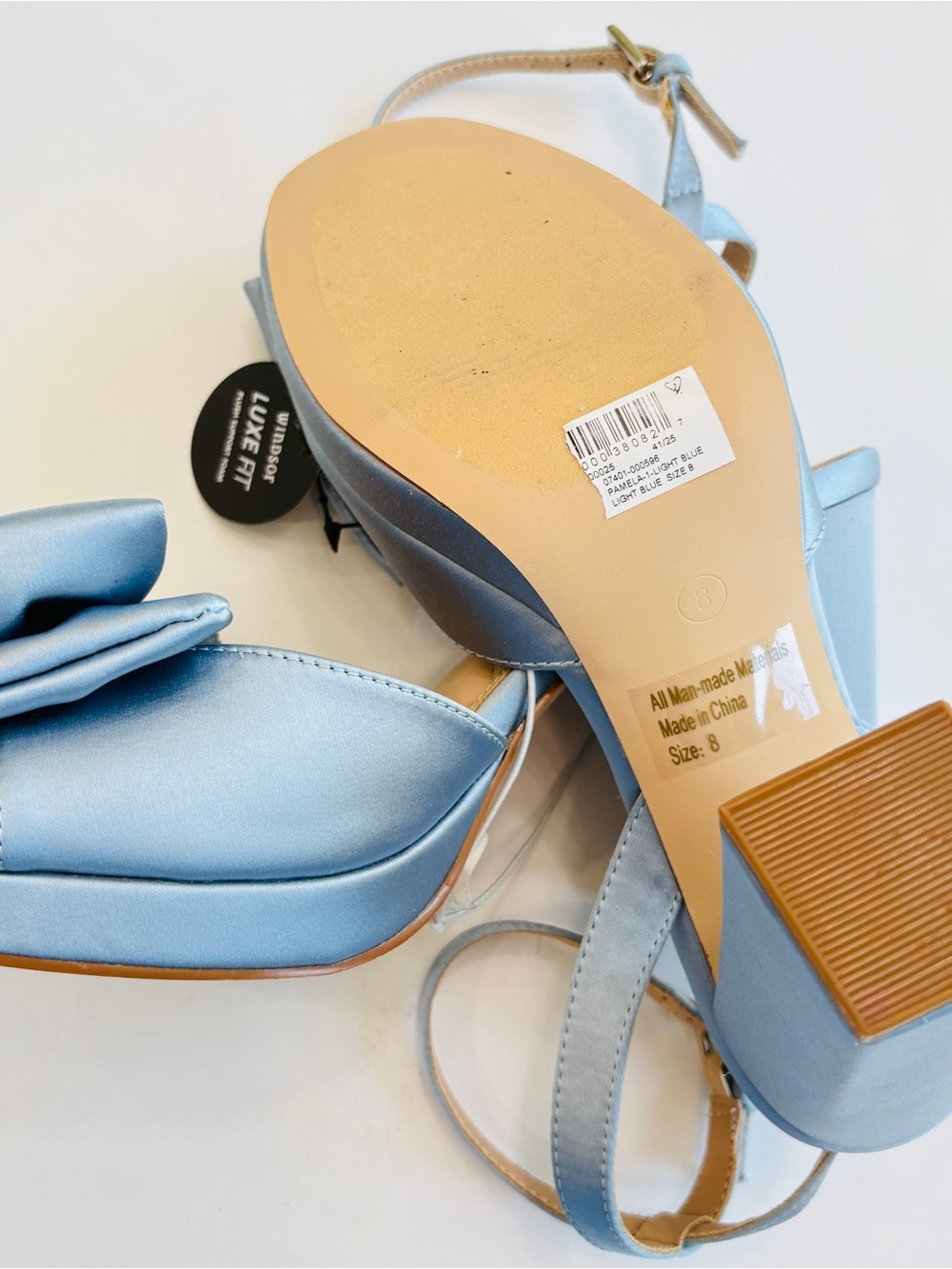Light Blue Satin Platform Heels Bow Ankle Strap Block Heel Sandals Sz 8 - Picture 9 of 9